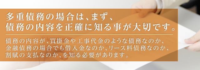 多重債務の場合は、まず、債務の内容を正確に知る事が大切です。  債務の内容が、買掛金や工事代金のような債務なのか、金融債務の場合でも借入金なのか、リース料債務なのか、割賦の支払なのか、を知る必要があります。